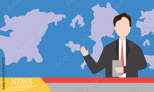 Reporter Anchoring on a live broadcast channel at a TV news studio. Flat vector illustration.