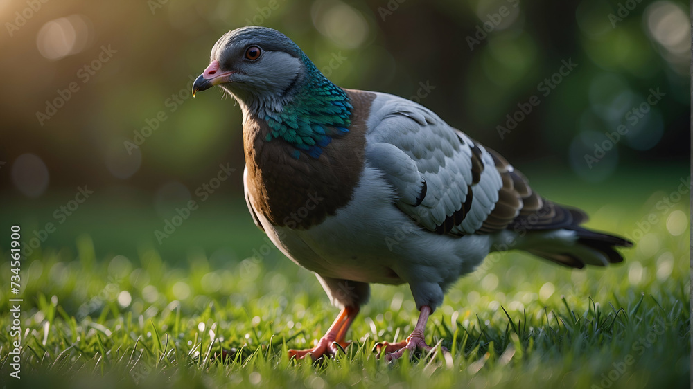 Obraz premium close-up of an ordinary pigeon standing on green grass,