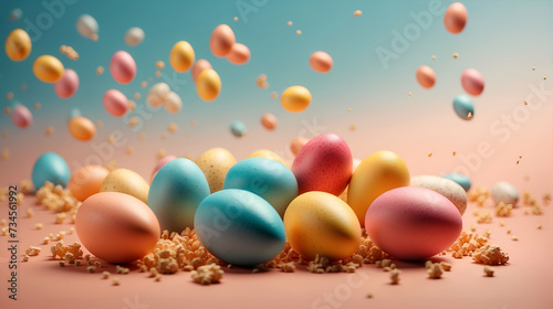 Banner with close up colored Easter eggs flying in the air on blue background