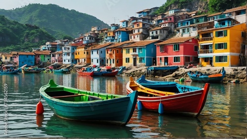Traditional fishing villages with colorful boats landscape view for celebrations and greeting card from Generative AI