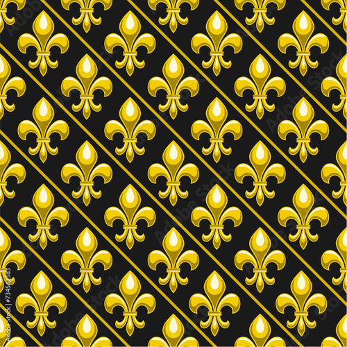 Vector Fleur de Lis Seamless Pattern, repeat background with illustrations of simple pattern with yellow fleur de lis flourish for wrapping paper, square poster with french ornament on dark background