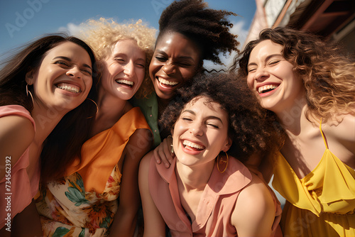 A photograph of strong female empowerment outdoors, showcasing a diverse group of women supporting each other with dynamic angles and vibrant colors.