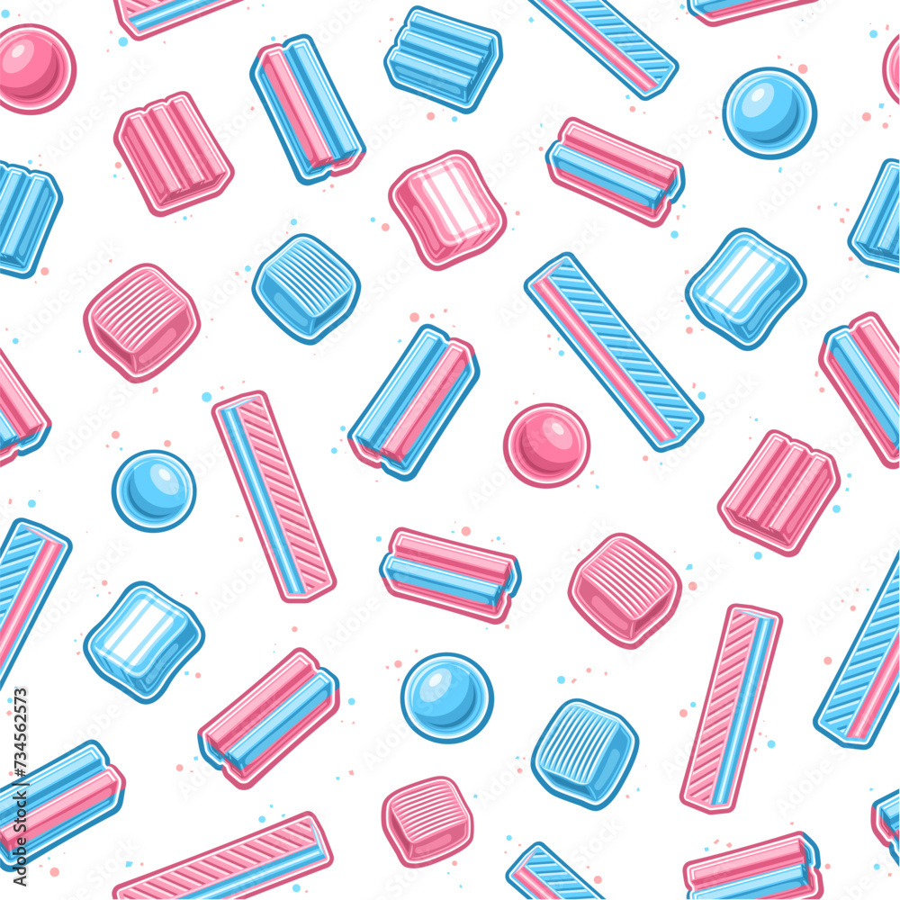 Vector Bubble Gum seamless pattern, repeat background with cut out outline illustration of various bubble gums and vibrant candies, square poster with group of flying yummy candies on white background