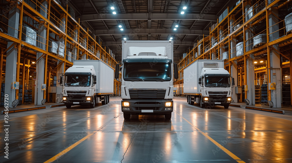 White box trucks inside a warehouse. Ready to make deliveries of new merchandise to various merchants and retail locations.