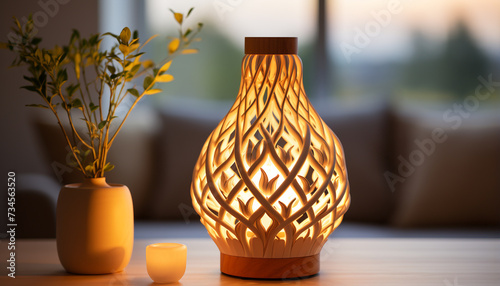 Elegant vase on wooden table, illuminating the cozy living room generated by AI