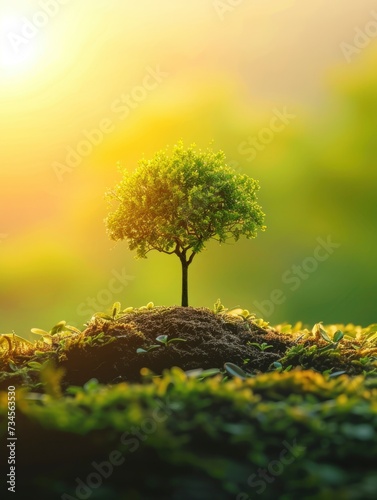 panorama small tree growing with sunrise. green world and earth day concept - generative ai