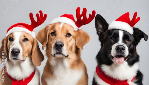 Group of dogs wearing santa hats