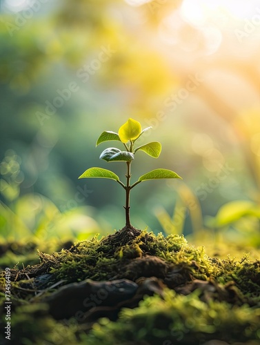 panorama small tree growing with sunrise. green world and earth day concept - generative ai