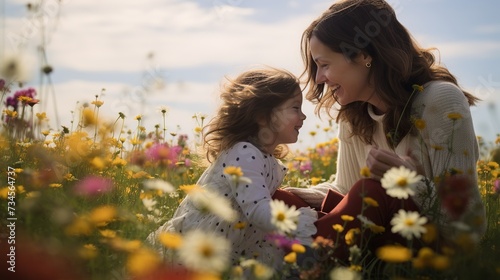 Mother's Day - mother and daughter in flower field, Generative ai #734564737