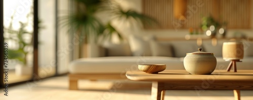 Modern, Chinese-style, light wood-colored living room, blurred background, table in the foreground, free copy space © ND STOCK