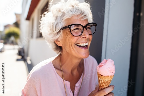 A group of happy women are eating ice cream outdoors on a city street, older women are having fun and walking together on the street. The concept of a joyful lifestyle for the elderly