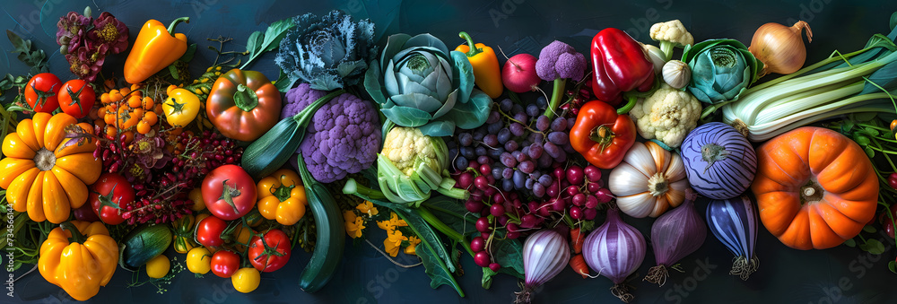 A vibrant display of a variety of fruits and vegetables arranged on a table, with the produce stacked together in rainbow colors, creating a visually appealing display.
