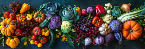 A vibrant display of a variety of fruits and vegetables arranged on a table  with the produce stacked together in rainbow colors  creating a visually appealing display.