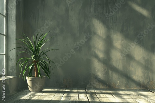 single potted plant stands alone in an empty room, bathed in sunlight streaming through a window