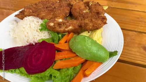 video 4k de plato de milanesa con arroz y ensalada 