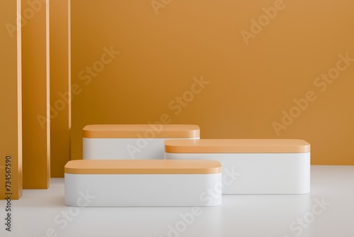 Minimal Podium Orange Rectangle Round Box Stage scene. Abstract Background Scene. 3d Render.