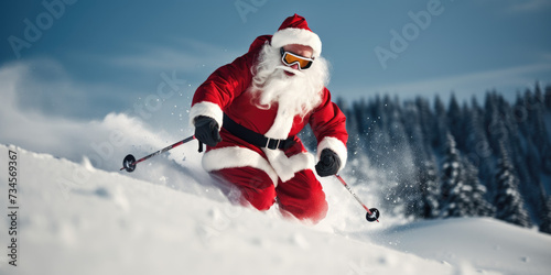 Santa Claus skier skiing downhill on a snowy slope at Christmas © Kien