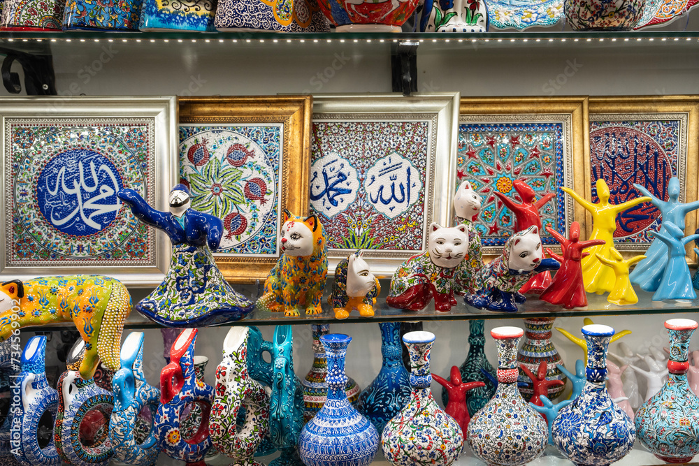 Colorful Souvenirs in the Touristic Travel Destinations Grand Bazaar. Ceramics, Mosaic, Porcelain, Coffee Cups and Mosaic Lamps Photo, Grand Bazaar Fatih, Istanbul Turkiye (Turkey)