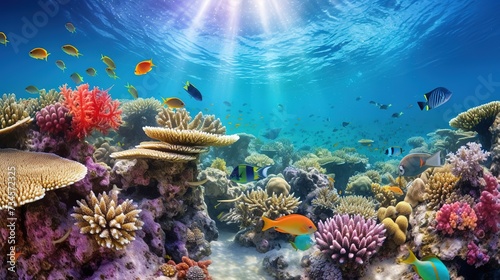 Underwater coral reef landscape super wide banner background in deep blue ocean. Illustration AI Generative