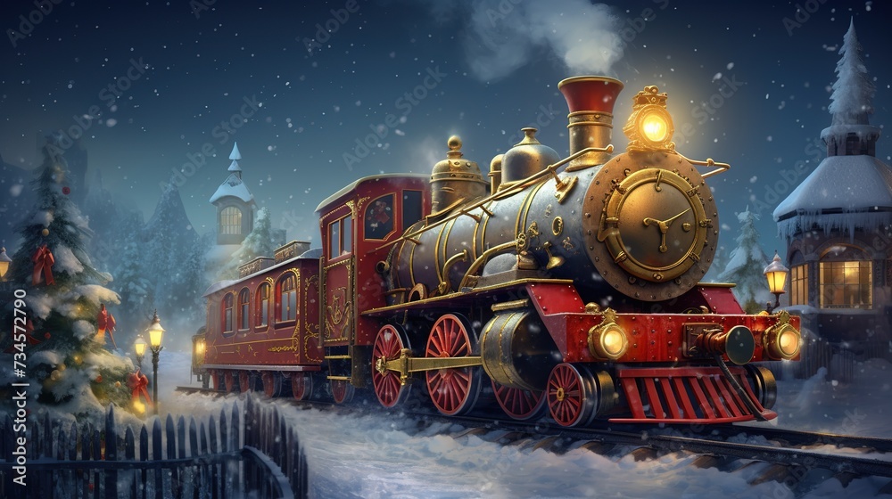 AI generated Christmas themed train traveling through a snowy winter landscape AI Generated