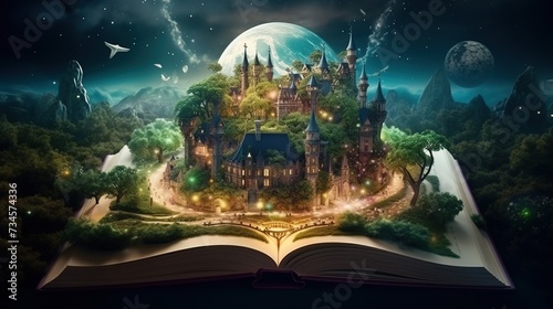 Open magical book that contains fantastic stories Reading books and literature allows you to plunge into world of imagination opens boundaries for fantasy to build your own world