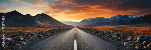 Road route, PERSPECTIVE style, leading the eye, valley atmosphere, mountain range, adventure, travel, goals.