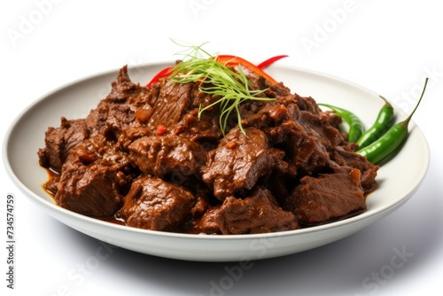 Close up shot of Beef Rendang on a white background