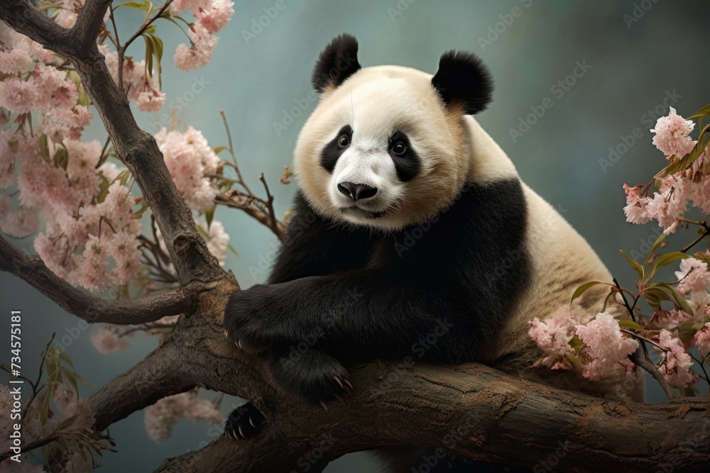 Panda perched on a high tree branch