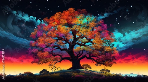 A tree with orange leaves and a star in the sky sunset background ai generated image © SazzadurRahaman