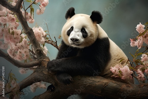 Panda perched on a high tree branch © Muh