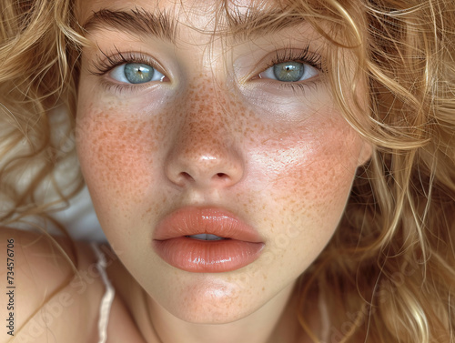 Beautiful woman with blue eyes Beauty, body care concept. Spa, beauty shop.Beauty & skincare cosmetics model face portrait, woman with perfect clean healthy glowig skin and no make-up look.Ai 