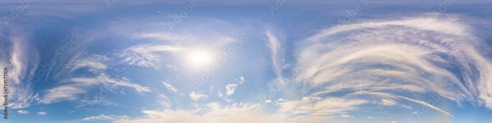 Blue summer sky panorama with light Cirrus clouds. HDR 360 seamless spherical panorama. Full zenith or sky dome for 3D visualization, sky replacement for aerial drone panoramas.