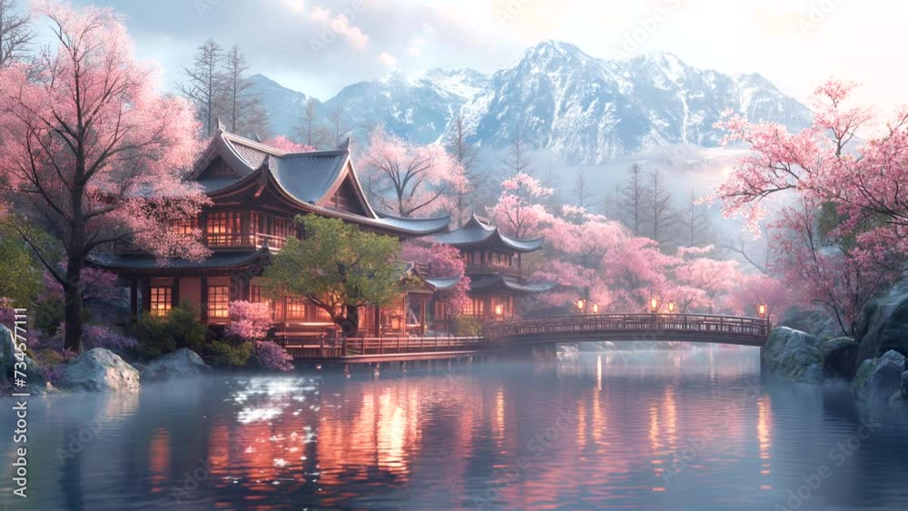 Fantasy Morning vibes in Japanese village near lake and mountain. seamless looping 4k time-lapse animation video background