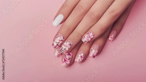Elegant White and Pink Floral Nail Art Design on Woman's Hand