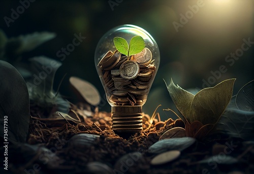 Eco light bulb with green sprout growing inside placed on pile of coins. Generative AI