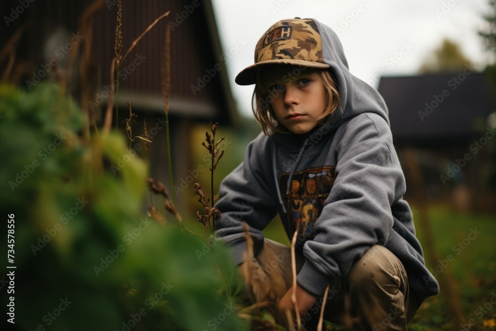 A boy in a cap sits on the grass and looks at the camera