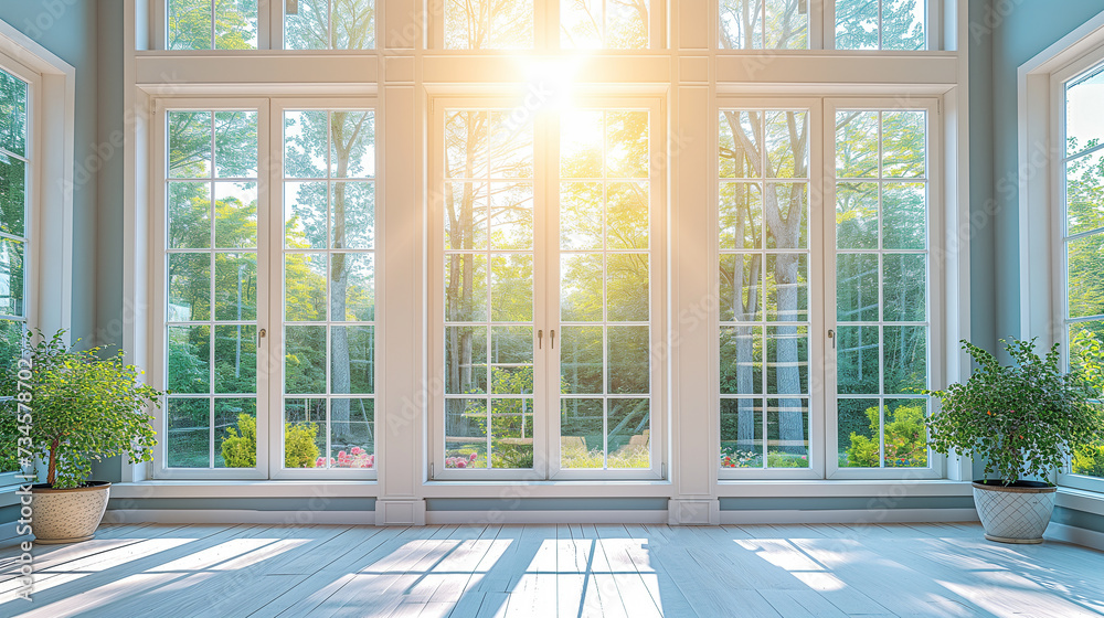 Fototapeta premium Large white windows in a room, floor to ceiling. Sunlight coming through in the morning.