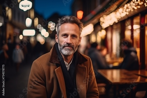 Portrait of a handsome middle-aged man in the city at night