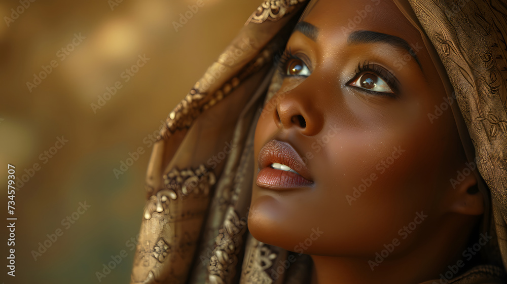 Biblical character. Close up portrait of a black woman with a shawl looking up.