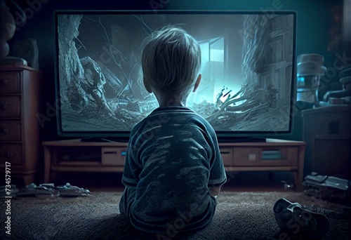 un enfant regarde un film d'horreur à la télé, il a peur, programme interdit aux enfant, danger des écrans, concept - illustration ia. Generative AI