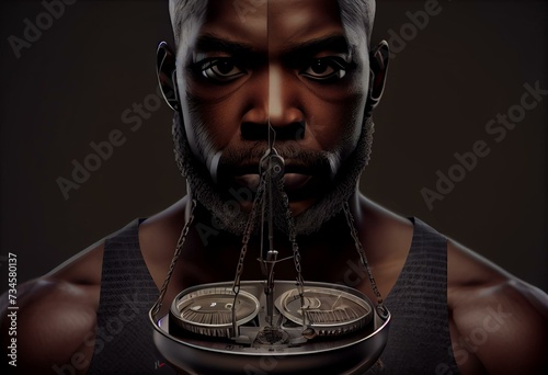 3d person with the fastened eyes, holding scales. Generative AI