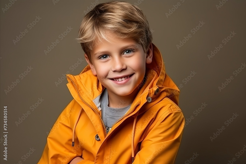 Portrait of a cute smiling little boy in a yellow raincoat on a gray background Portrait of a cute smiling little boy in a yellow raincoat on a gray background
