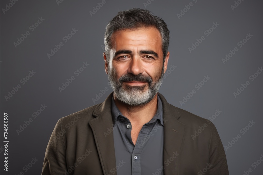 Handsome middle-aged man with beard and mustache. Gray background.