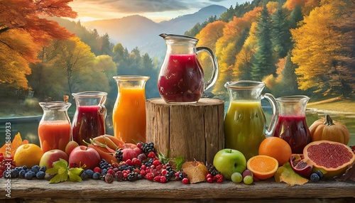 Podium stage in beautiful nature with various types of fresh fruit juice