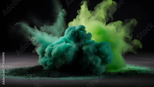  splashes of green smoke on a black background, burning flame, green and black colored dust explosion background. Generative AI 