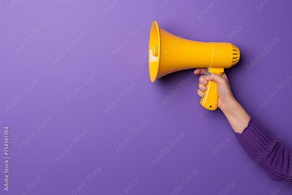 moment of silent anticipation, with a yellow megaphone ready to break the silence against the calm purple backdrop