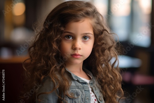 Portrait of a cute little girl with long curly hair, indoor