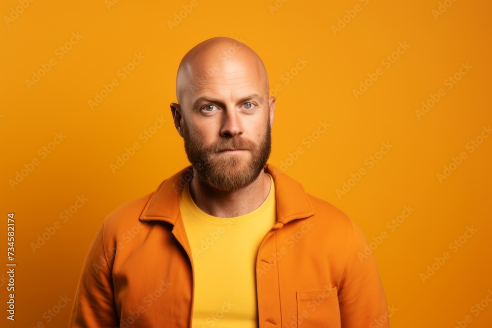 Portrait of a bald man in a yellow jacket on a yellow background Portrait of a bald man in a yellow jacket on a yellow background