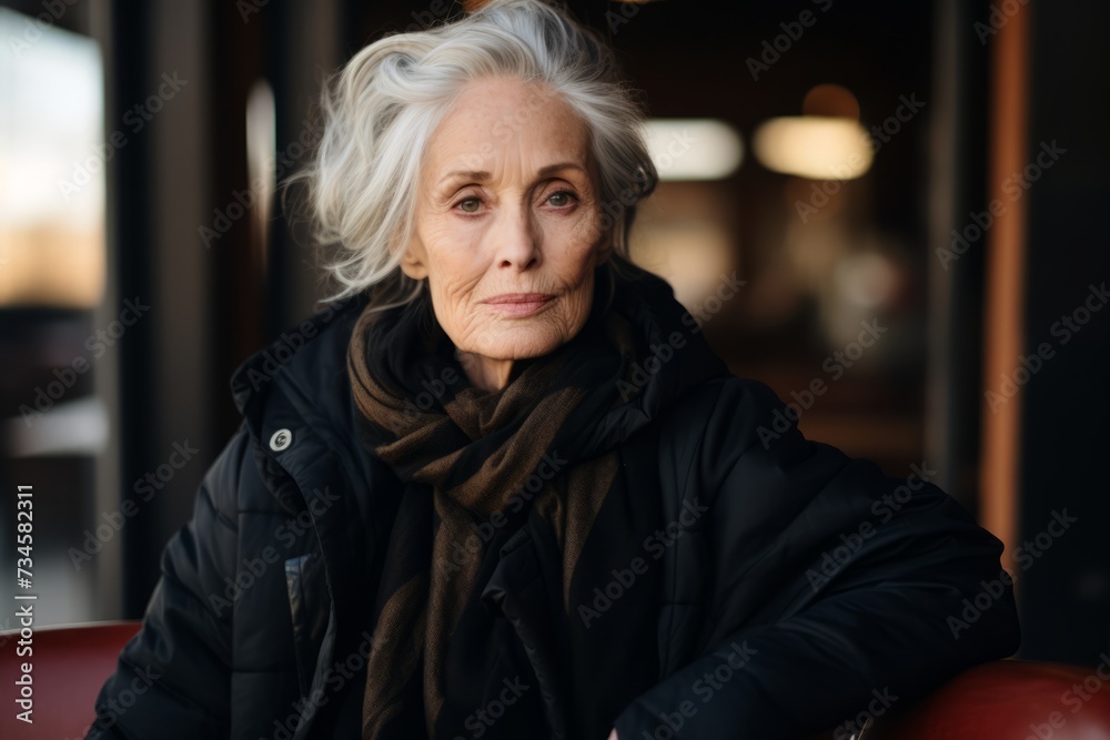 Portrait of a senior woman sitting in a cafe. Looking at camera.