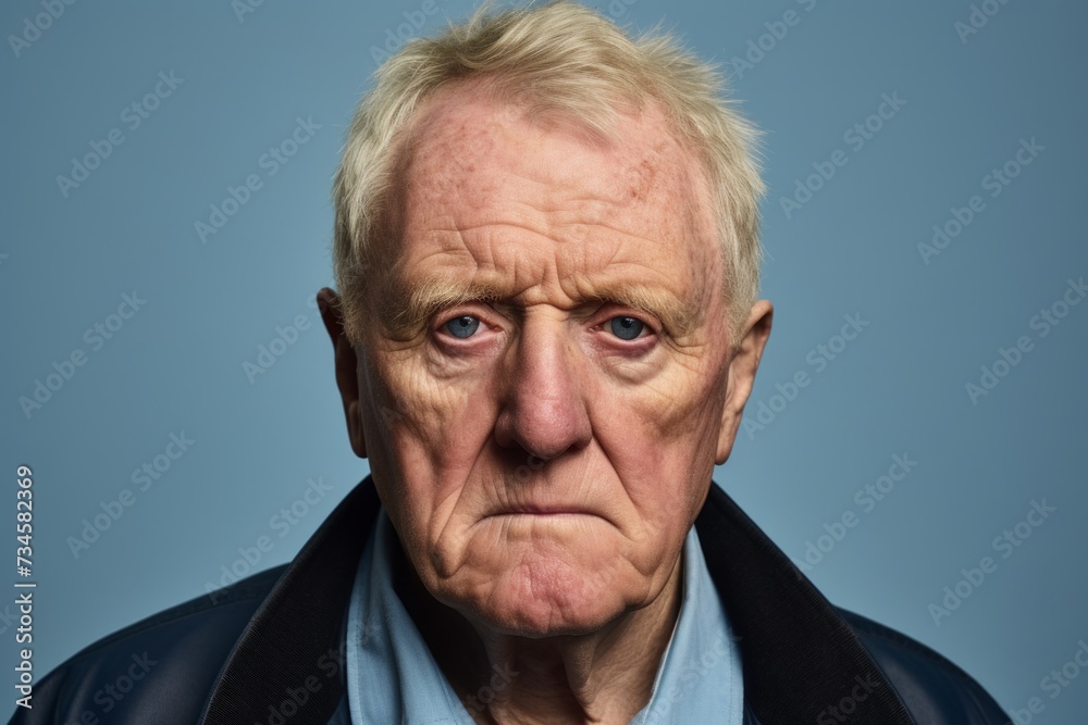 Portrait of an elderly man with sad expression on his face over blue background Portrait of an elderly man with sad expression on his face over blue background